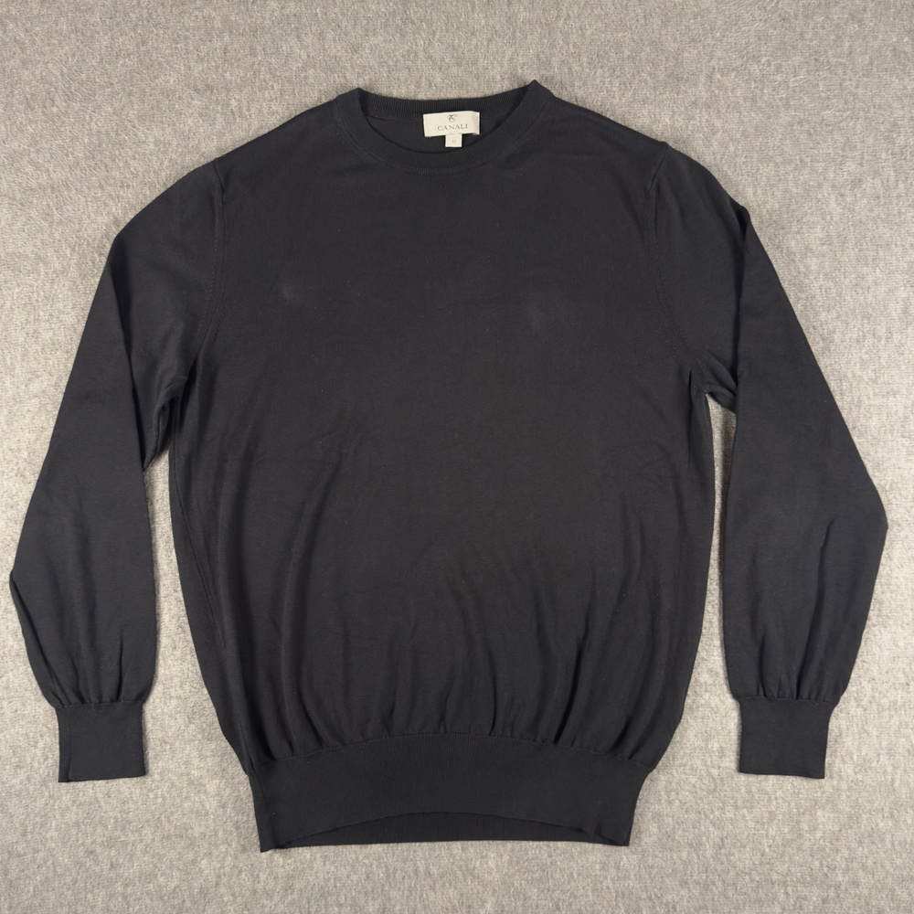 Canali Sweater Mens EU 52 Black 100% Cotton Crewneck Lightweight Knit Made Italy